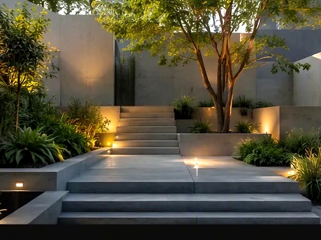 Landscaped concrete courtyard with lighting designed by Aethel Enterprises