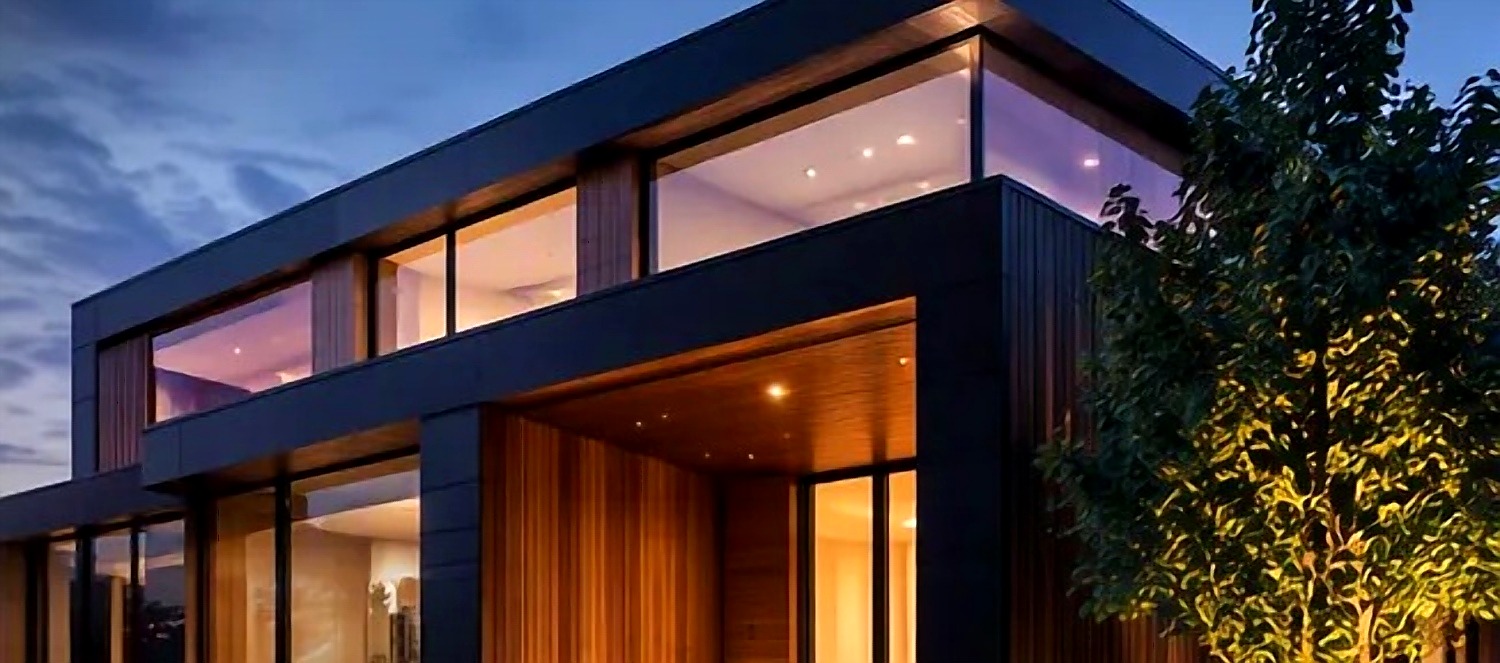 Aethel-built home lit at dusk